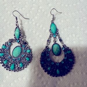 Bohemian Tribal Ethnic Antique Silver Turquoise drop Earrings